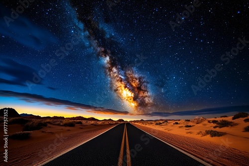 Starry skies above a desert road, with the Milky Way stretching across the horizon in breathtaking detail photo