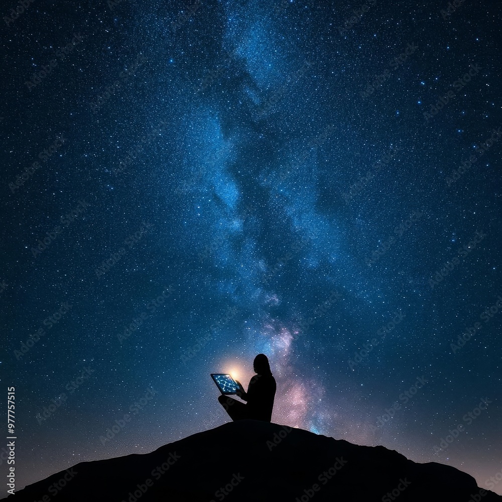 Fototapeta premium Person consulting a horoscope on a digital device under a starry sky, modern mysticism