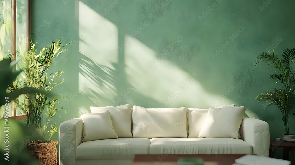 Green Wall with White Sofa and Sunlight Illustration Green Wall with White Sofa and Sunlight Illustration