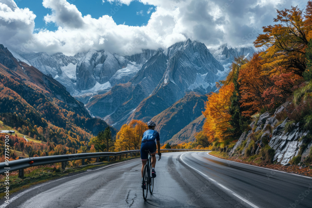 Fototapeta premium Cyclist riding road bike in the mountains in autumn