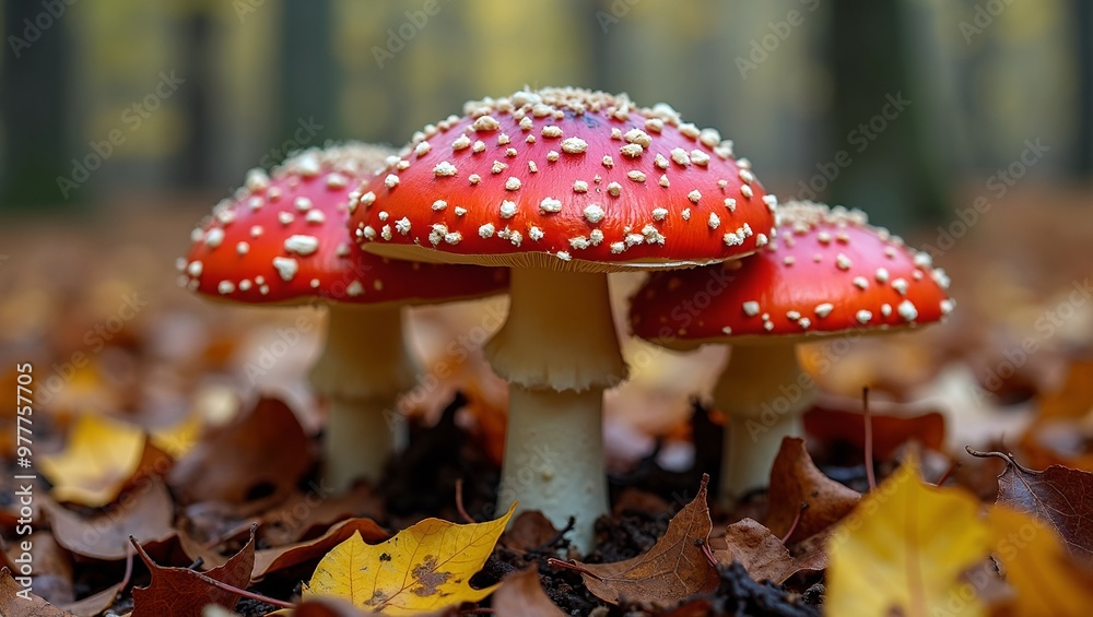 Vivid red Amanita mushrooms among autumn leaves in forest Vivid red Amanita mushrooms among autumn leaves in forest