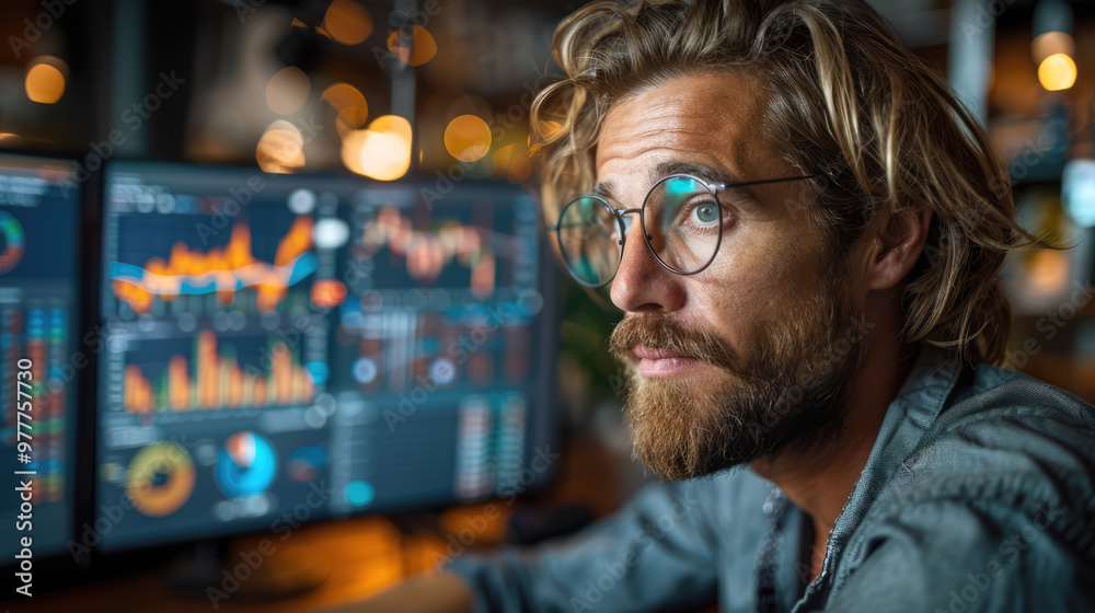 A young professional reviewing stock market charts and financial data on a computer screen A young professional reviewing stock market charts and financial data on a computer screen