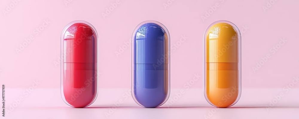 Colorful capsules displayed on a soft pink background, perfect for health and wellness themes. Colorful capsules displayed on a soft pink background, perfect for health and wellness themes.