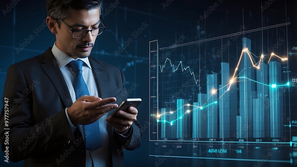 Businessman working with holographic dashboard analysing finance sales data, business growth graph chart and block chain technology. Businessman working with holographic dashboard analysing finance sales data, business growth graph chart and block chain technology.