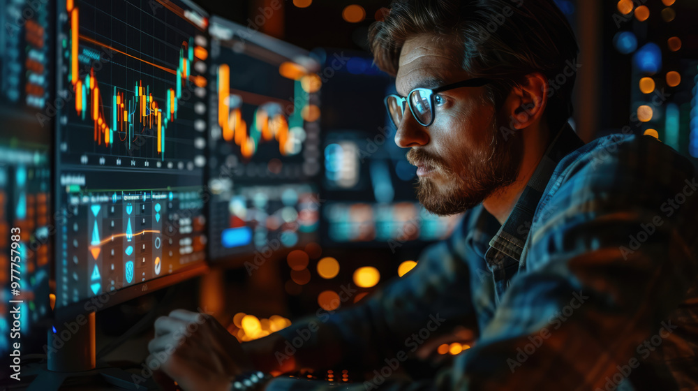 A young professional reviewing stock market charts and financial data on a computer screen A young professional reviewing stock market charts and financial data on a computer screen