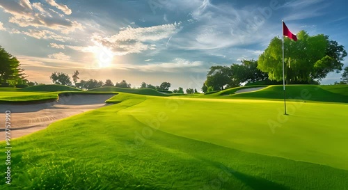A golf course green with a flag in the wind under a cloudy sky