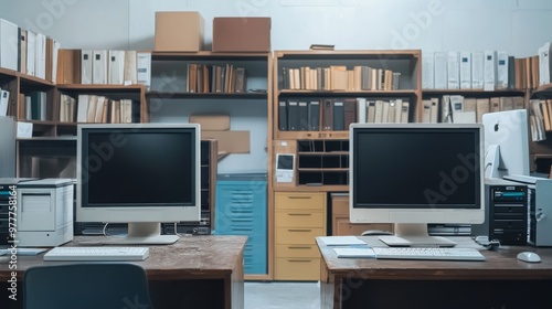 an office setting that shows two contrasting sides - one side with sleek, modern computers running the new software