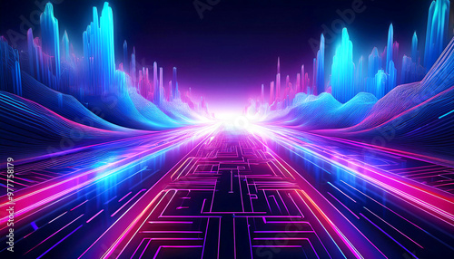 Futuristic Digital Landscape with Neon Circuit Patterns