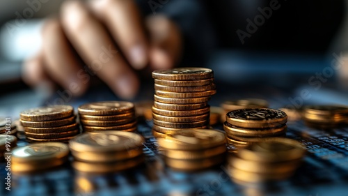 Close-up of Golden Coins Stacked on a Financial Chart