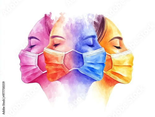 Colorful illustration of three women wearing protective masks, symbolizing health, safety, and diversity in modern society. photo