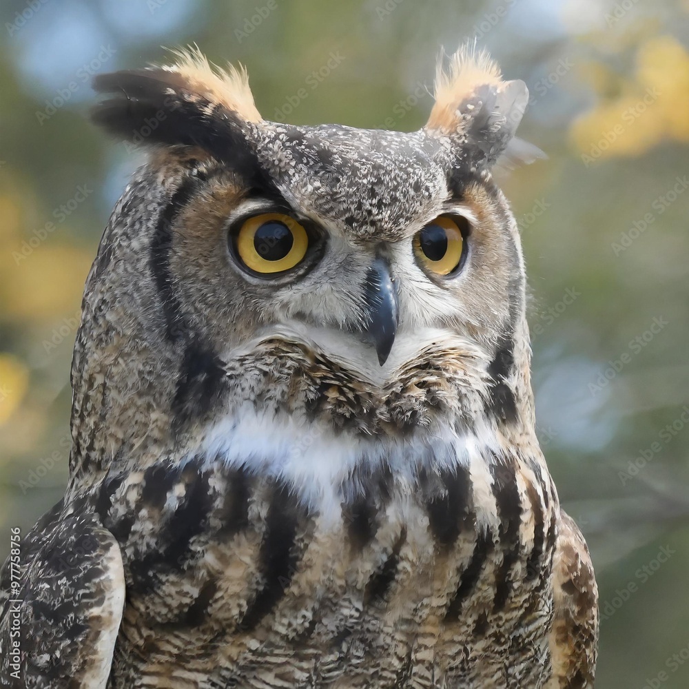 Isolated great horned owl with depth of field showcasing large tufts and striking eyes Isolated great horned owl with depth of field showcasing large tufts and striking eyes