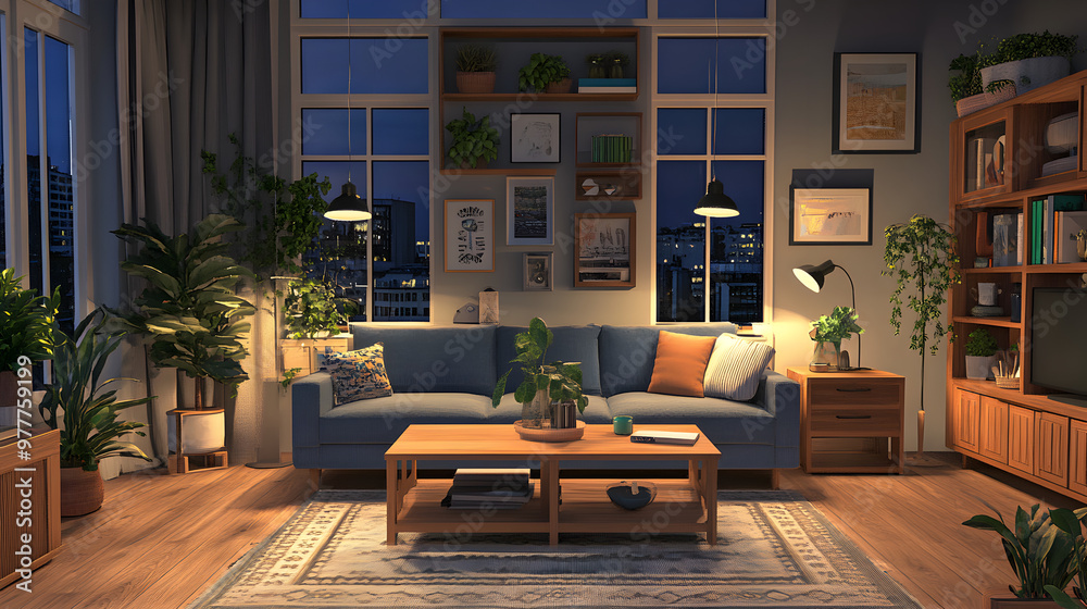 3D model of a cozy living room with modular furniture, ideal for downsizing.
3D model of a cozy living room with modular furniture, ideal for downsizing.