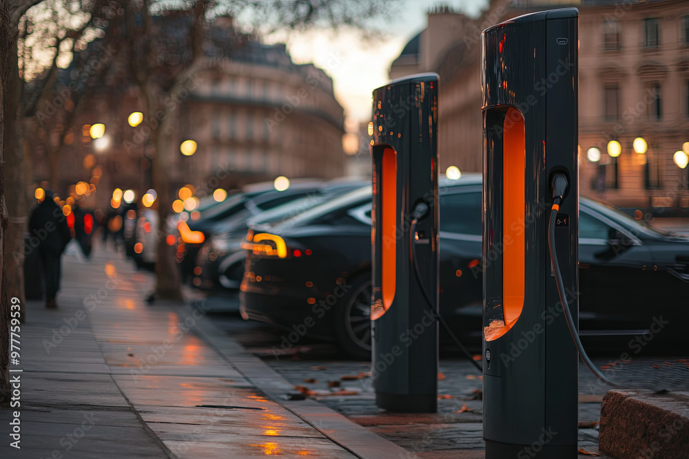 Electric vehicle charging stations in a city, promoting sustainable transportation Electric vehicle charging stations in a city, promoting sustainable transportation