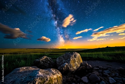 Starry skies stretching over a vast prairie, with the horizon glowing faintly as the night deepens photo