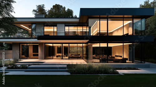 Modern two-story house with large glass windows, minimalist design, outdoor living area, and lit interior spaces, set in a lush green landscape during dusk.