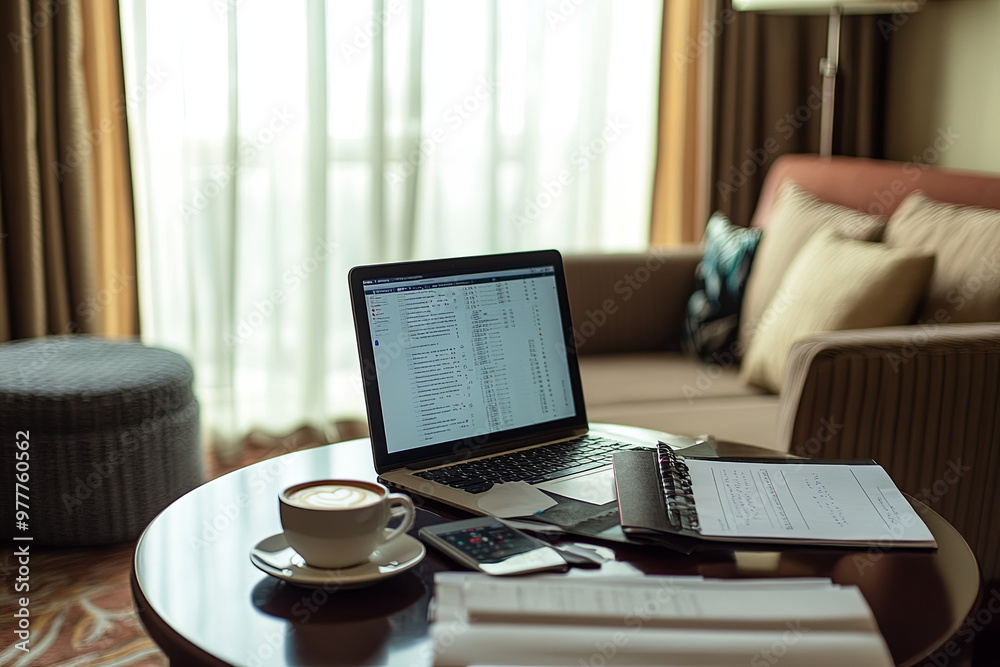 Work table with laptop, coffee cup, and scattered documents in a hotel room Work table with laptop, coffee cup, and scattered documents in a hotel room
