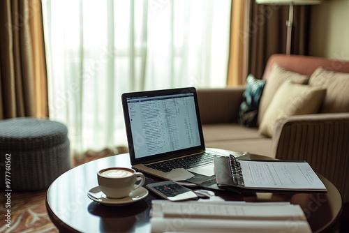 Work table with laptop, coffee cup, and scattered documents in a hotel room