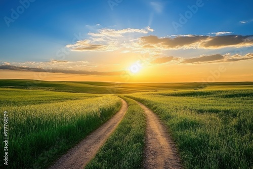 Grassy Field Road in Kansas Prairie at Sunset. Beautiful Landscape with Green Meadow and Summer Sky