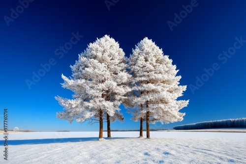 Winter nature landscape featuring a group of frost-covered trees standing like sentinels in an open field photo