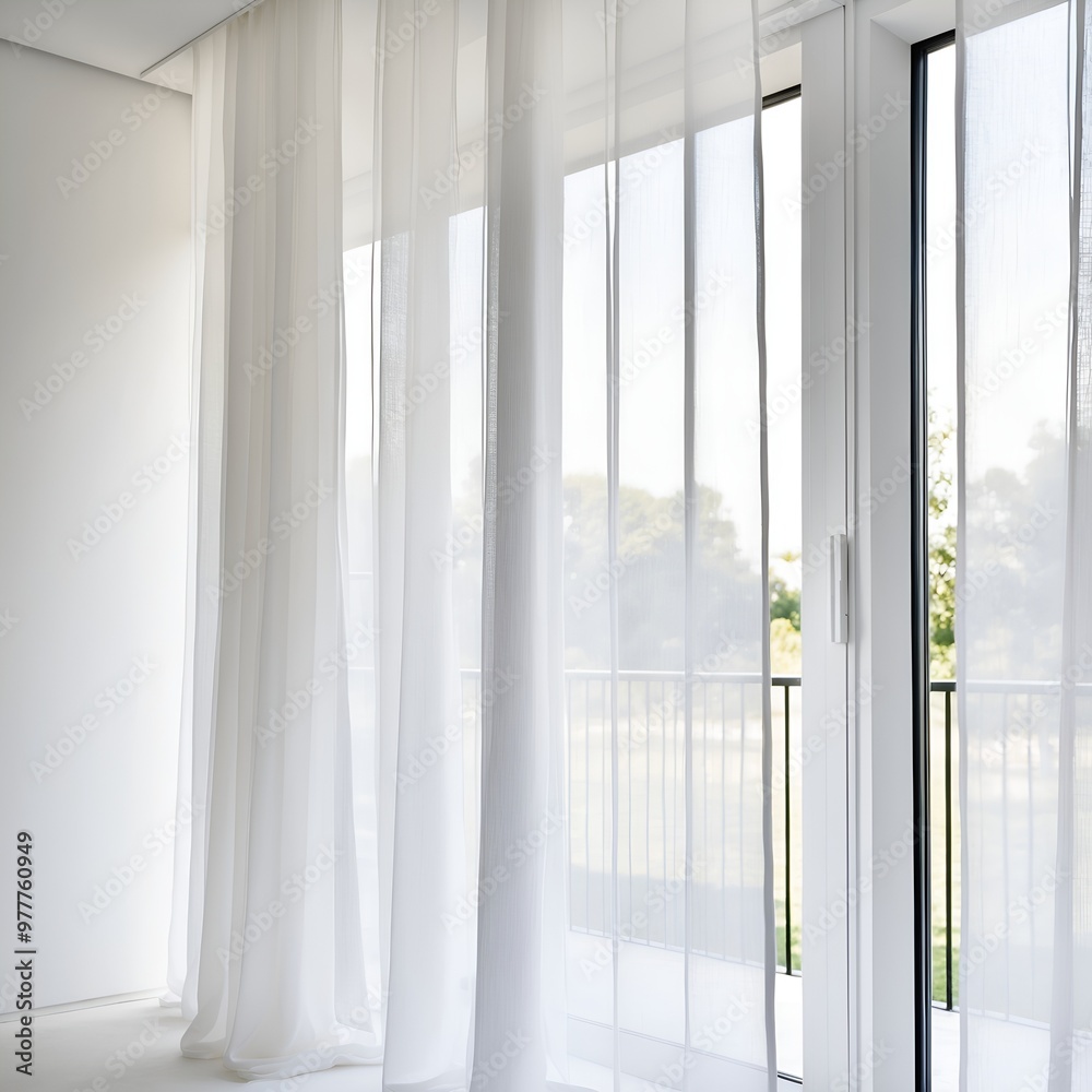close-up view of sheer white curtains. The fabric is lightweight and semi-transparent, allowing diffused light to pass through, creating a soft and airy ambiance. close-up view of sheer white curtains. The fabric is lightweight and semi-transparent, allowing diffused light to pass through, creating a soft and airy ambiance.