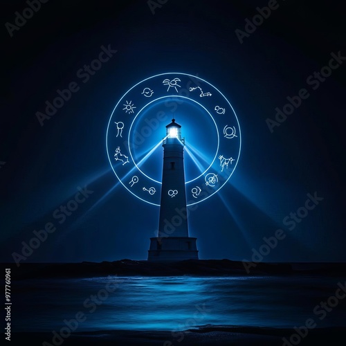 Zodiac signs forming in the light of a lighthouse beam, guiding and mysterious symbolism photo