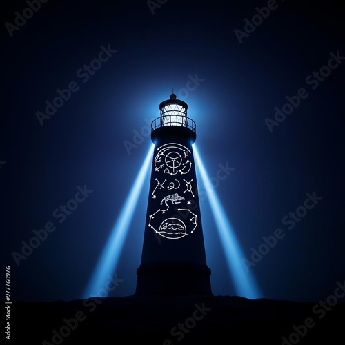 Zodiac signs forming in the light of a lighthouse beam, guiding and mysterious symbolism