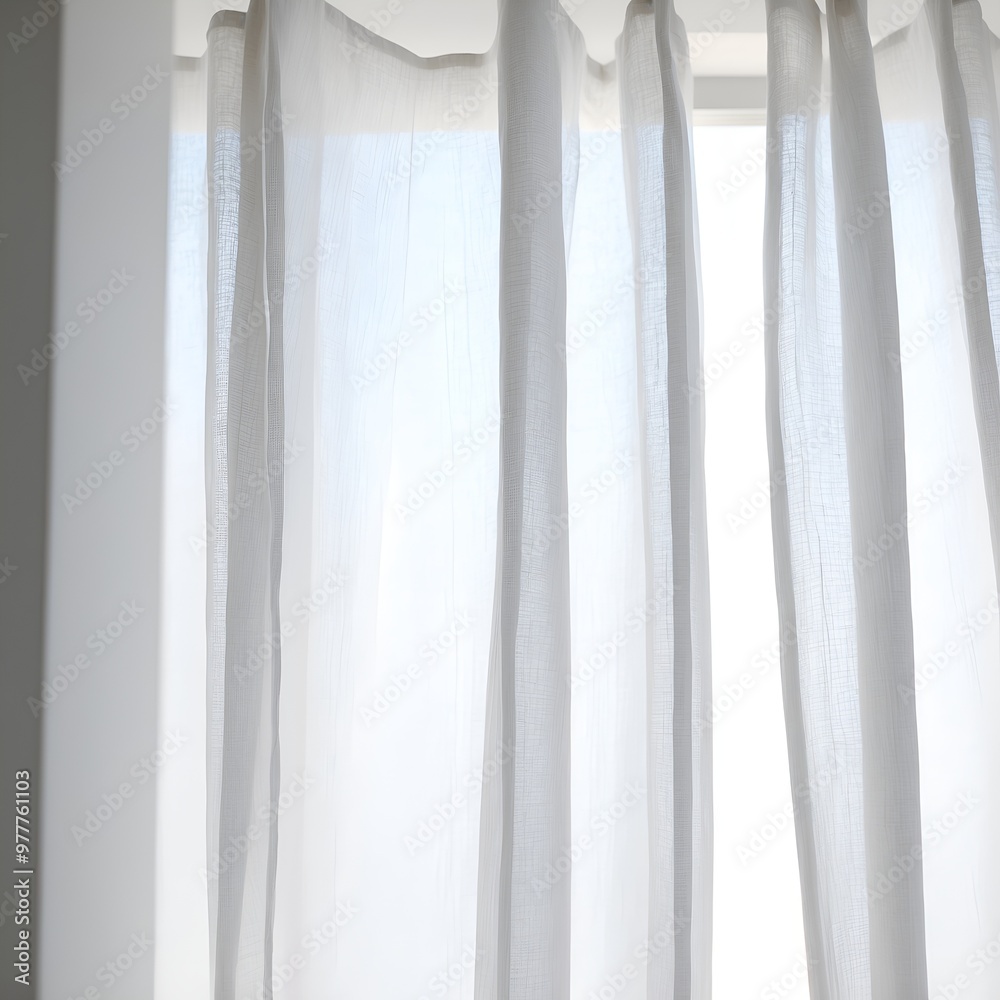 close-up view of sheer white curtains. The fabric is lightweight and semi-transparent, allowing diffused light to pass through, creating a soft and airy ambiance. close-up view of sheer white curtains. The fabric is lightweight and semi-transparent, allowing diffused light to pass through, creating a soft and airy ambiance.