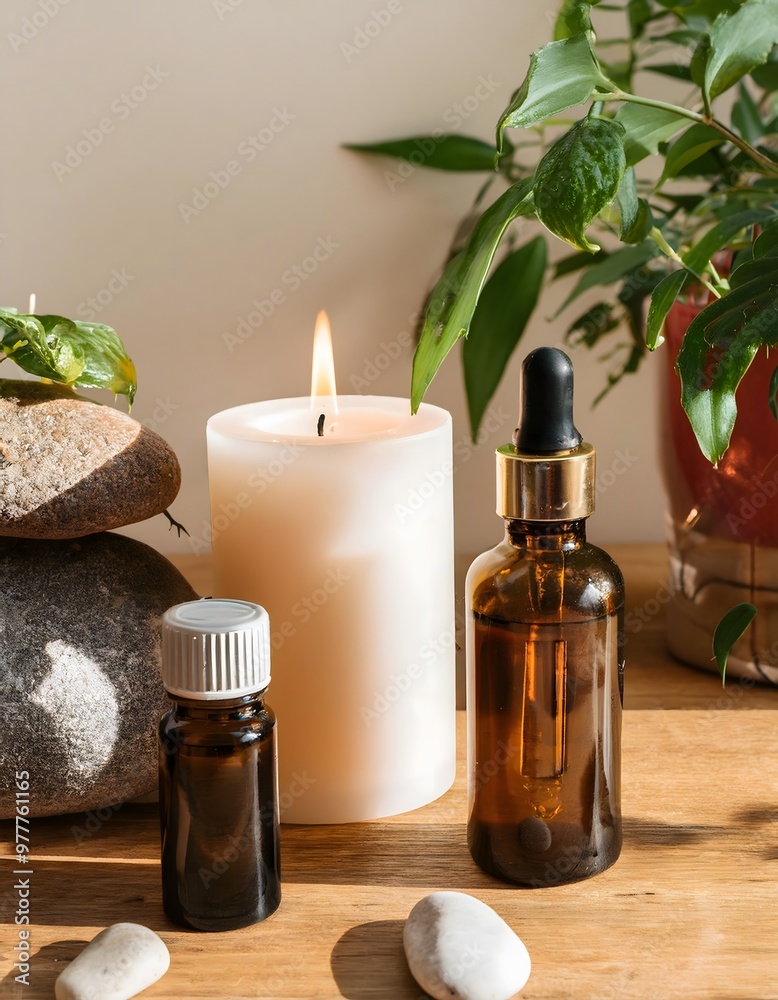 Aromatherapy candles and oils on a wooden table with natural elements like stones and plants Aromatherapy candles and oils on a wooden table with natural elements like stones and plants