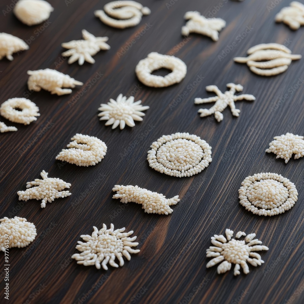 Zodiac symbols created with grains of rice on a dark wood table, cultural and artistic presentation Zodiac symbols created with grains of rice on a dark wood table, cultural and artistic presentation