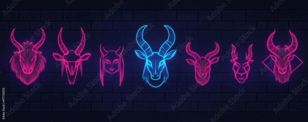 Zodiac symbols drawn with glowing neon light on a dark background, futuristic and edgy style Zodiac symbols drawn with glowing neon light on a dark background, futuristic and edgy style