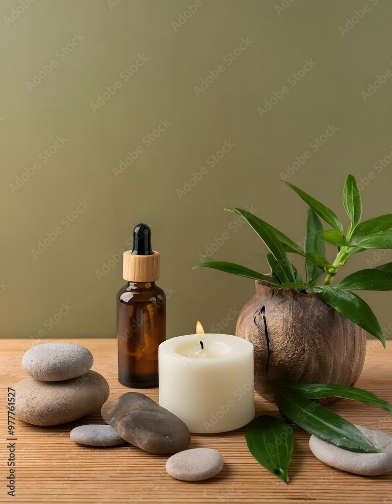 Aromatherapy candles and oils on a wooden table with natural elements like stones and plants Aromatherapy candles and oils on a wooden table with natural elements like stones and plants