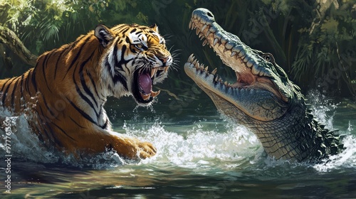 A Tiger and Crocodile Confrontation in a River photo