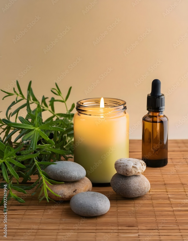 Aromatherapy candles and oils on a wooden table with natural elements like stones and plants Aromatherapy candles and oils on a wooden table with natural elements like stones and plants
