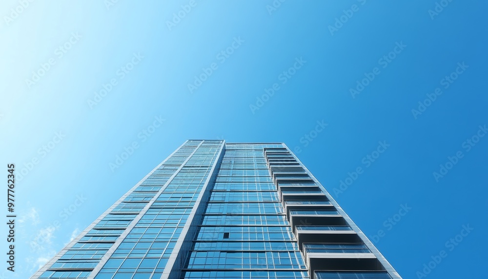 Modern high rise apartment building with clear blue skies ideal for text placement on right side Modern high rise apartment building with clear blue skies ideal for text placement on right side