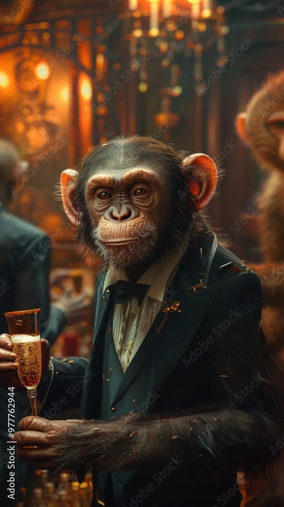 Obraz premium Monkey holding a glass of wine in a bar, animal background
