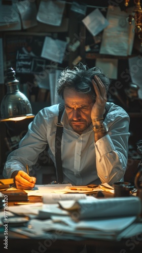 Man sitting at a desk with a pen and paper, stressful businessman