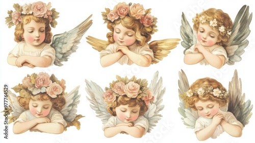 Six vintage cherub illustrations with angel wings and floral crowns, perfect for Christmas and decorative themes.