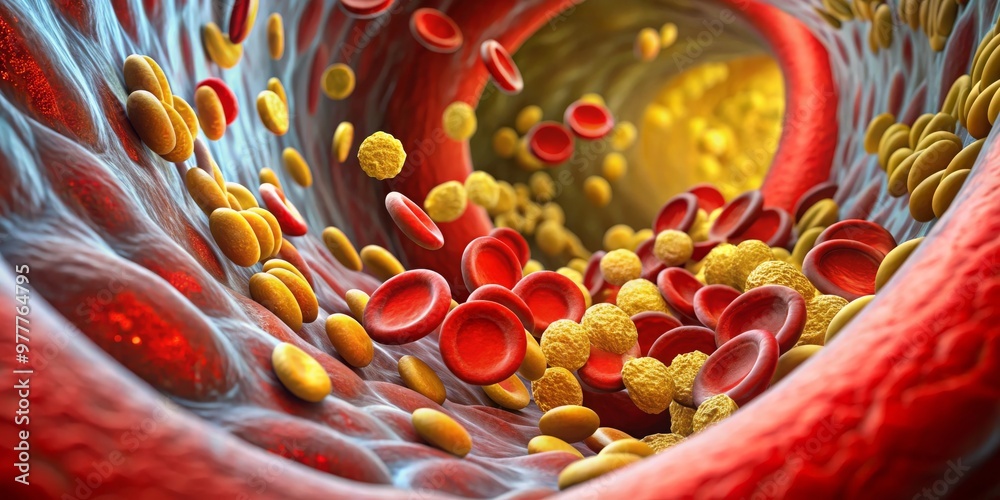 Cholesterol Plaque in Blood Vessel 3D Render of Red Blood Cells, Yellow ...