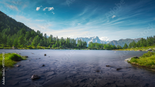 Tableau sur toile The Arpy Lake and the Mont Blanc massif in the background