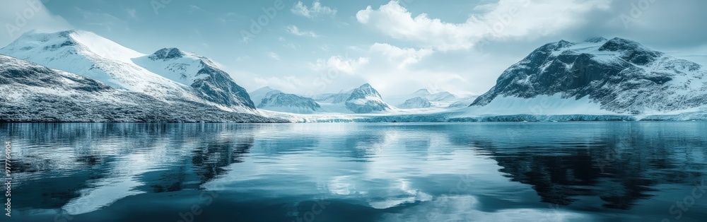Panoramic View of Snow-Capped Alaskan Mountains and Reflecting Blue Lake Panoramic View of Snow-Capped Alaskan Mountains and Reflecting Blue Lake