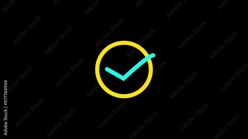 Check mark verified selection, approve and confirm sign in circle. On black background.