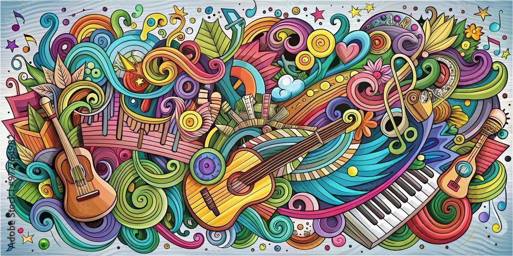 Naklejka premium Colorful Music Doodle, Guitar, Keyboard, Musical Notes , doodle, music, art