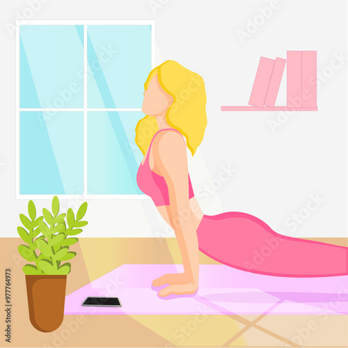 blond girl with yellow hair,in flat style,  in pink doing yoga and sport in sunny room with books, plants on yoga mat ,phone nex to her 