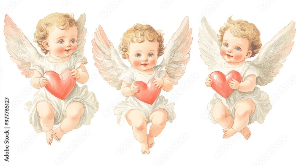 Three adorable cherubs with wings holding red hearts, perfect for Valentine's Day, greeting cards, or romantic decorations. Three adorable cherubs with wings holding red hearts, perfect for Valentine's Day, greeting cards, or romantic decorations.