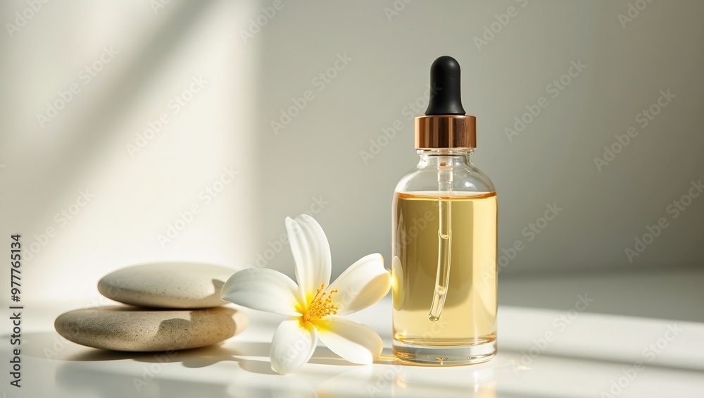 Luxurious serum bottle with flower and stone on minimalist surface Luxurious serum bottle with flower and stone on minimalist surface
