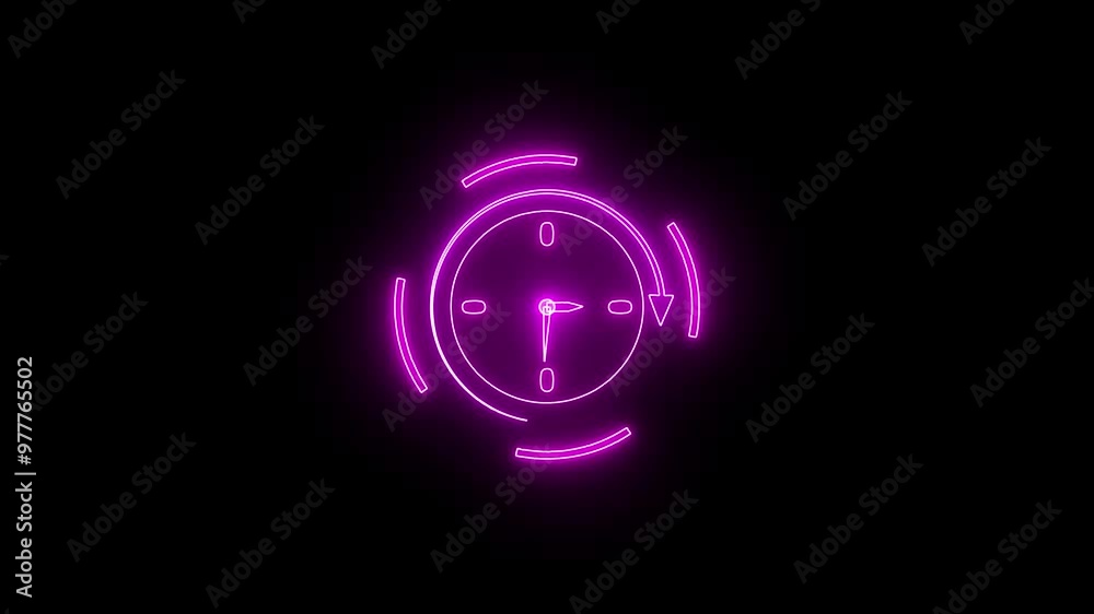Abstract neon clock and watch icon. pink color animation. on black background Abstract neon clock and watch icon. pink color animation. on black background