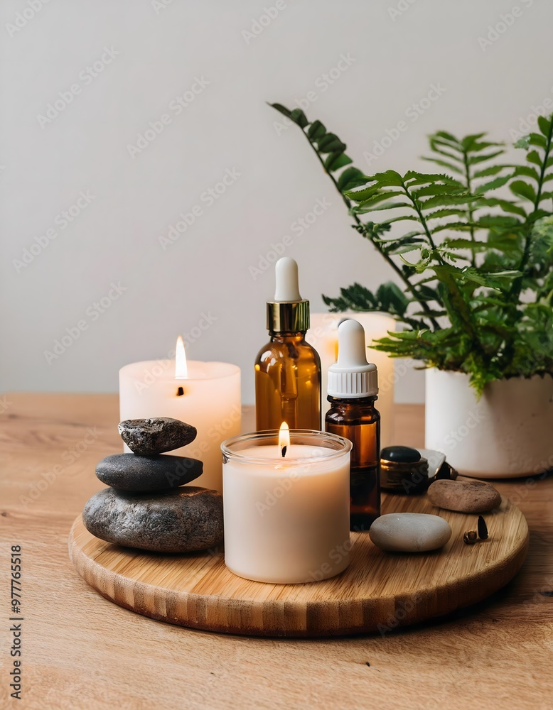 Aromatherapy candles and oils on a wooden table with natural elements like stones and plants Aromatherapy candles and oils on a wooden table with natural elements like stones and plants