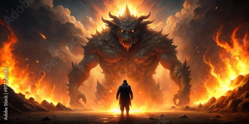 Facing the Inferno A lone figure stands before a massive, fiery demon, Digital Art, Fantasy, Monster, Fire, Courage photo