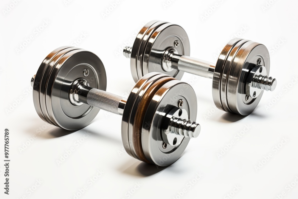 A pair of shiny, metallic dumbbells resting on a white background, ideal for fitness enthusiasts and gym-related themes. A pair of shiny, metallic dumbbells resting on a white background, ideal for fitness enthusiasts and gym-related themes.