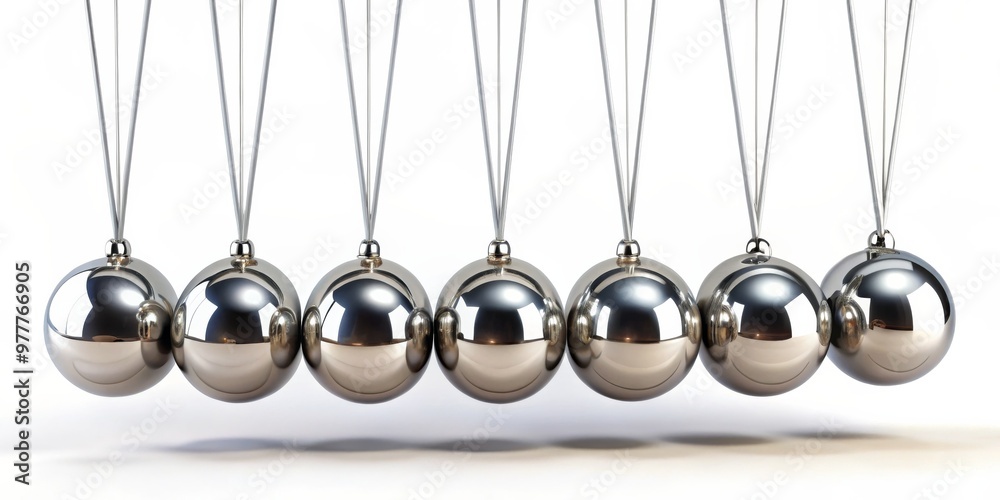 Newton's Cradle 7 Chrome Balls Suspended on Wires, Isolated on White Background, Physics, Science, Energy Transfer Newton's Cradle 7 Chrome Balls Suspended on Wires, Isolated on White Background, Physics, Science, Energy Transfer